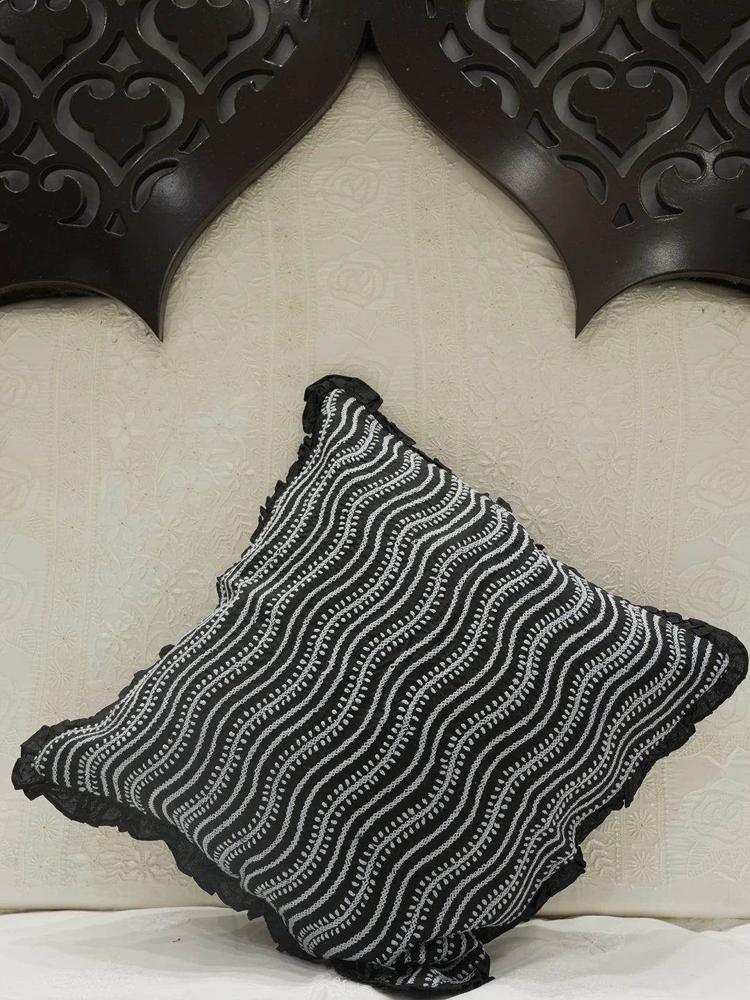 Ada Hand Embroidered Black Cotton Lucknowi Chikankari Cushion Cover 01A502301