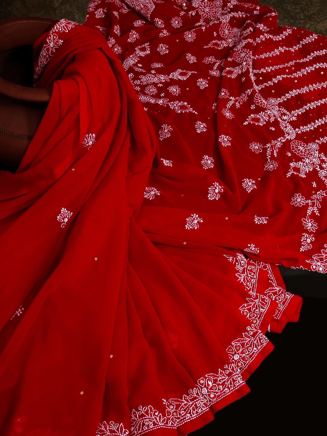 Ada Hand Embroidered Red Georgette Lucknowi Chikankari Saree/Blouse With Muqaish Work 01A141413