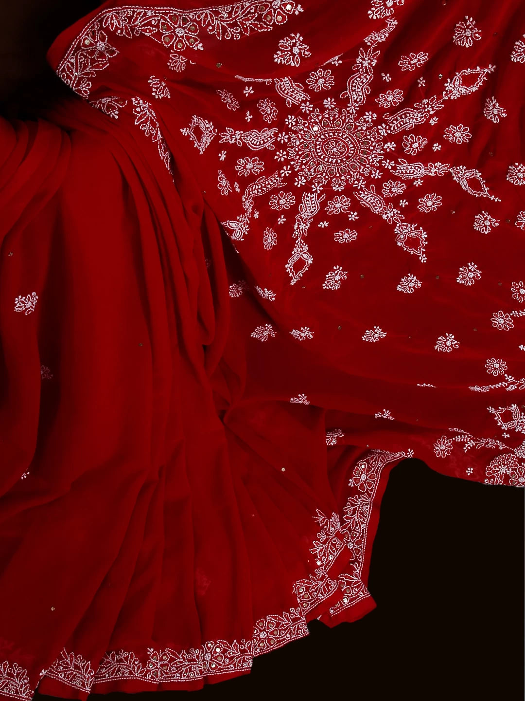 Ada Hand Embroidered Red Georgette Lucknowi Chikankari Saree/Blouse With Muqaish Work 01A141413