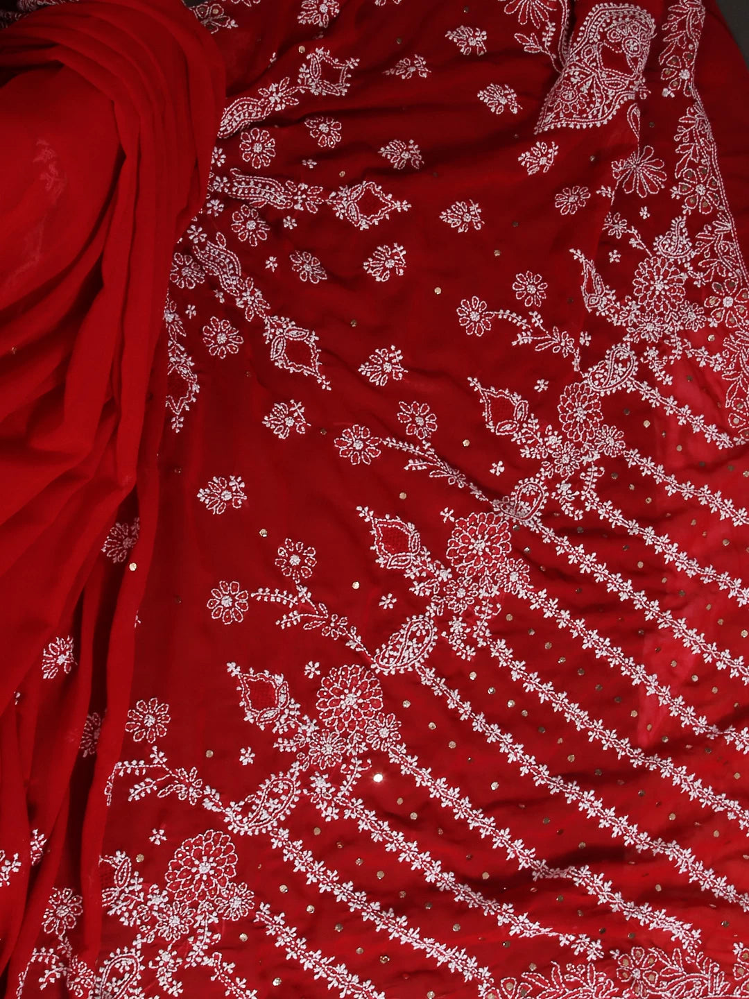 Ada Hand Embroidered Red Georgette Lucknowi Chikankari Saree/Blouse With Muqaish Work 01A141413