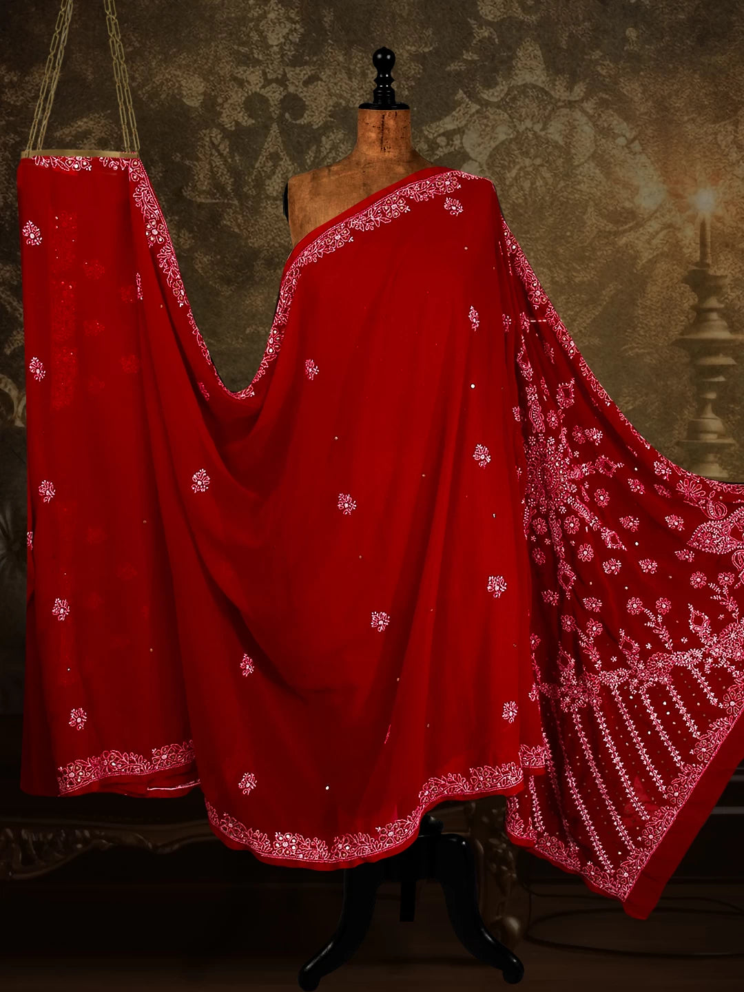 Ada Hand Embroidered Red Georgette Lucknowi Chikankari Saree/Blouse With Muqaish Work 01A141413