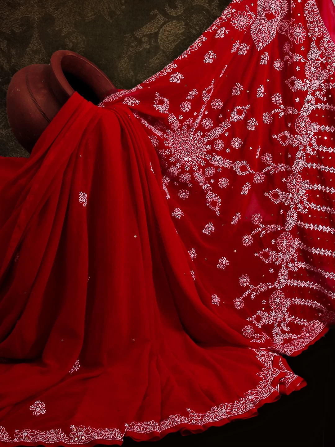 Ada Hand Embroidered Red Georgette Lucknowi Chikankari Saree/Blouse With Muqaish Work 01A141413