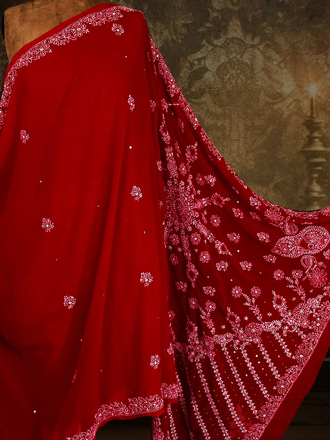 Ada Hand Embroidered Red Georgette Lucknowi Chikankari Saree/Blouse With Muqaish Work 01A141413