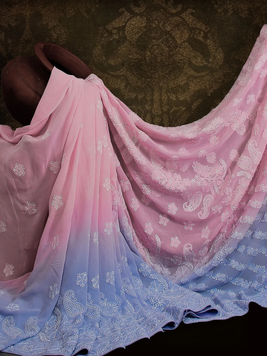 Ada Hand Embroidered Pink Pure Georgette Lucknowi Chikankari Saree With Blouse 01A436407