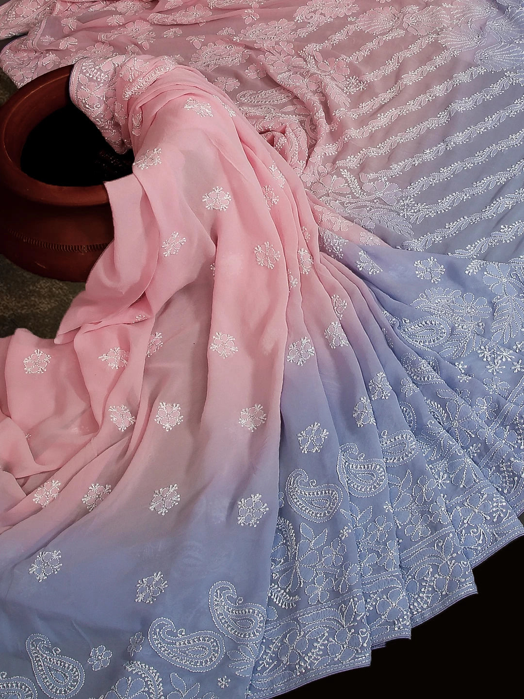 Ada Hand Embroidered Pink Pure Georgette Lucknowi Chikankari Saree With Blouse 01A436407