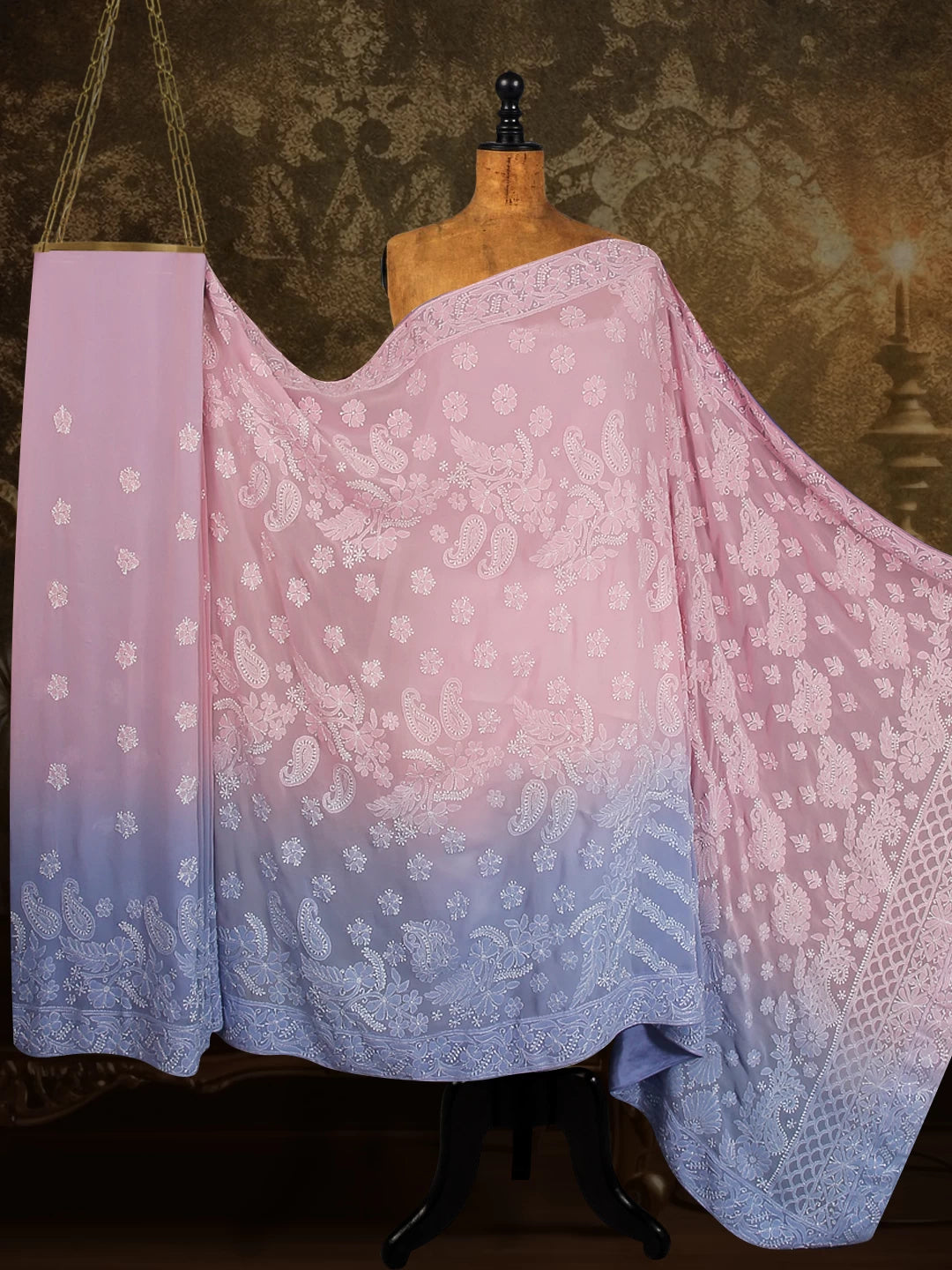 Ada Hand Embroidered Pink Pure Georgette Lucknowi Chikankari Saree With Blouse 01A436407