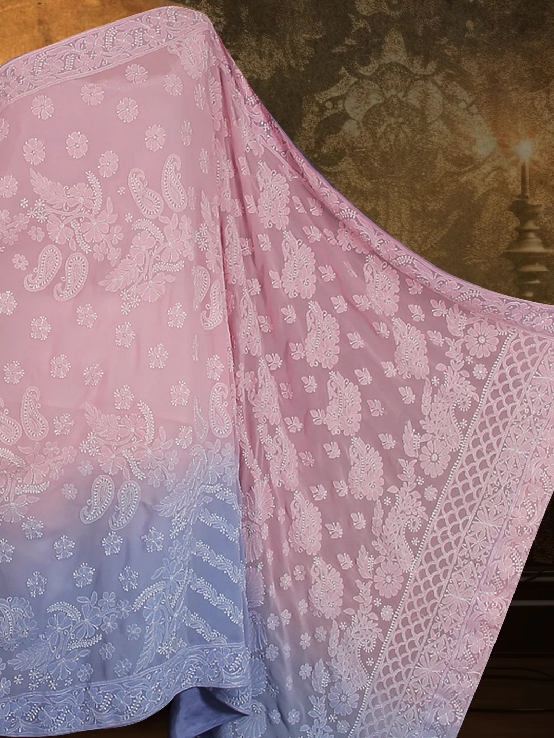 Ada Hand Embroidered Pink Pure Georgette Lucknowi Chikankari Saree With Blouse 01A436407