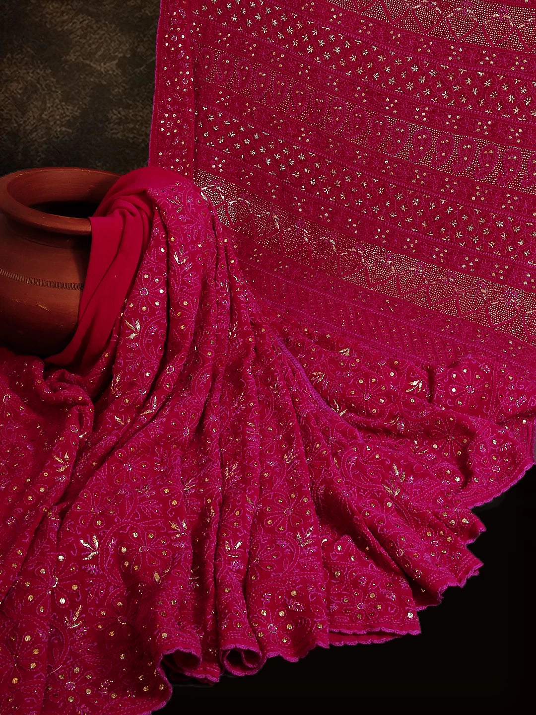 Ada Hand Embroidered Jazzberry Jam Pure Georgette Lucknowi Chikankari Saree With Blouse And Muqaish Work 01A39108
