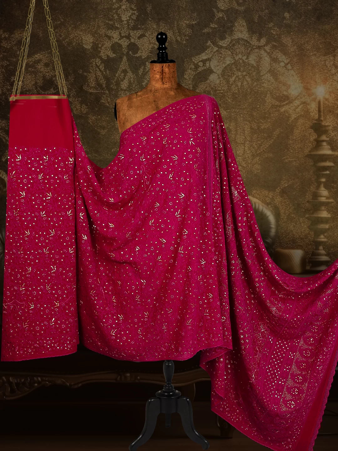 Ada Hand Embroidered Jazzberry Jam Pure Georgette Lucknowi Chikankari Saree With Blouse And Muqaish Work 01A39108