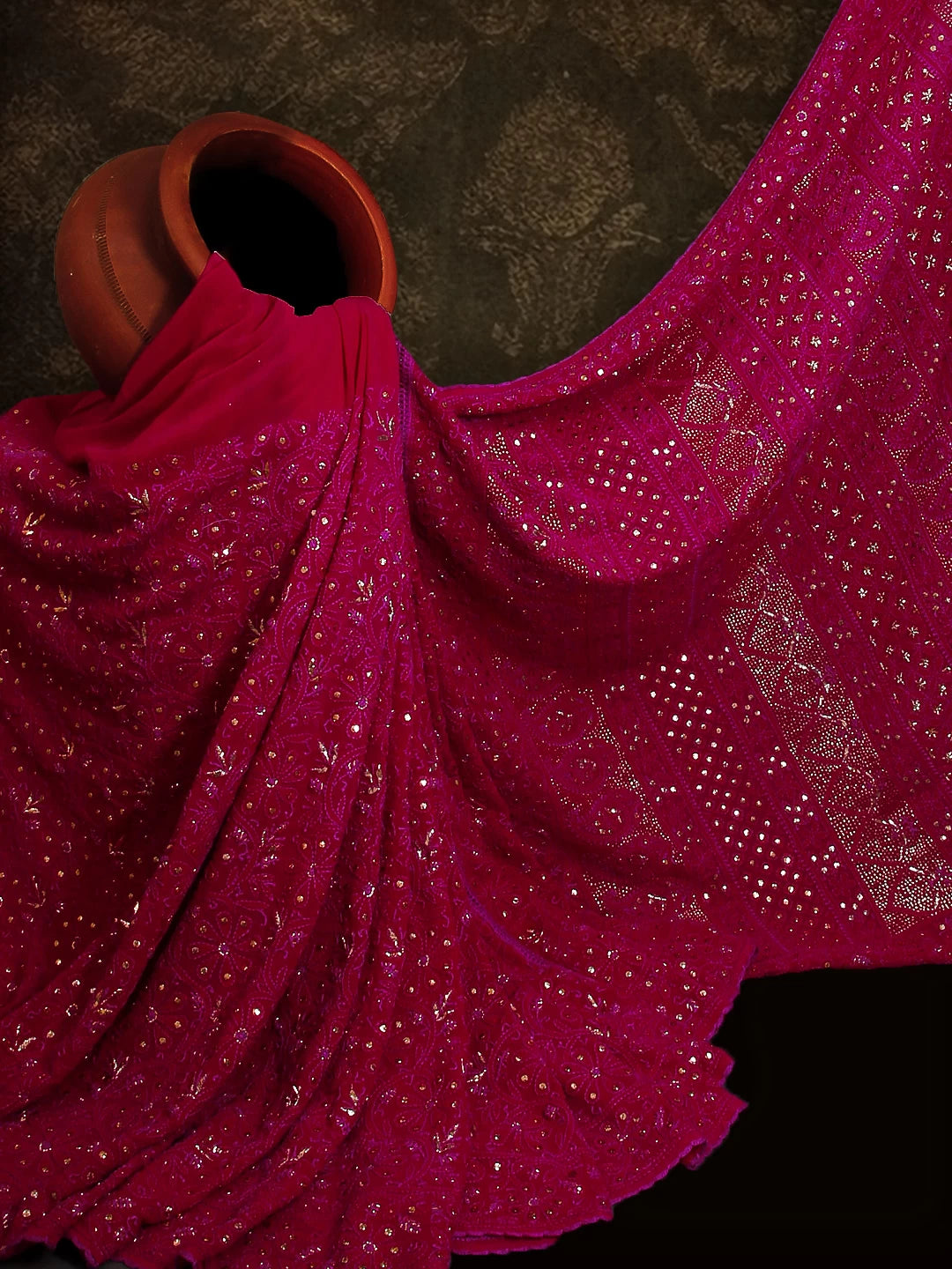 Ada Hand Embroidered Jazzberry Jam Pure Georgette Lucknowi Chikankari Saree With Blouse And Muqaish Work 01A39108