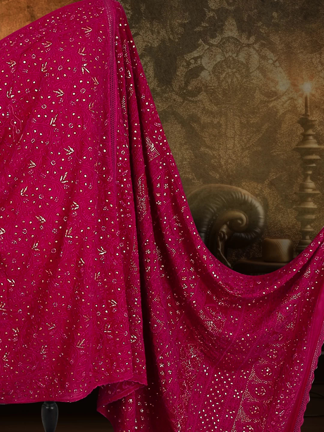Ada Hand Embroidered Jazzberry Jam Pure Georgette Lucknowi Chikankari Saree With Blouse And Muqaish Work 01A39108