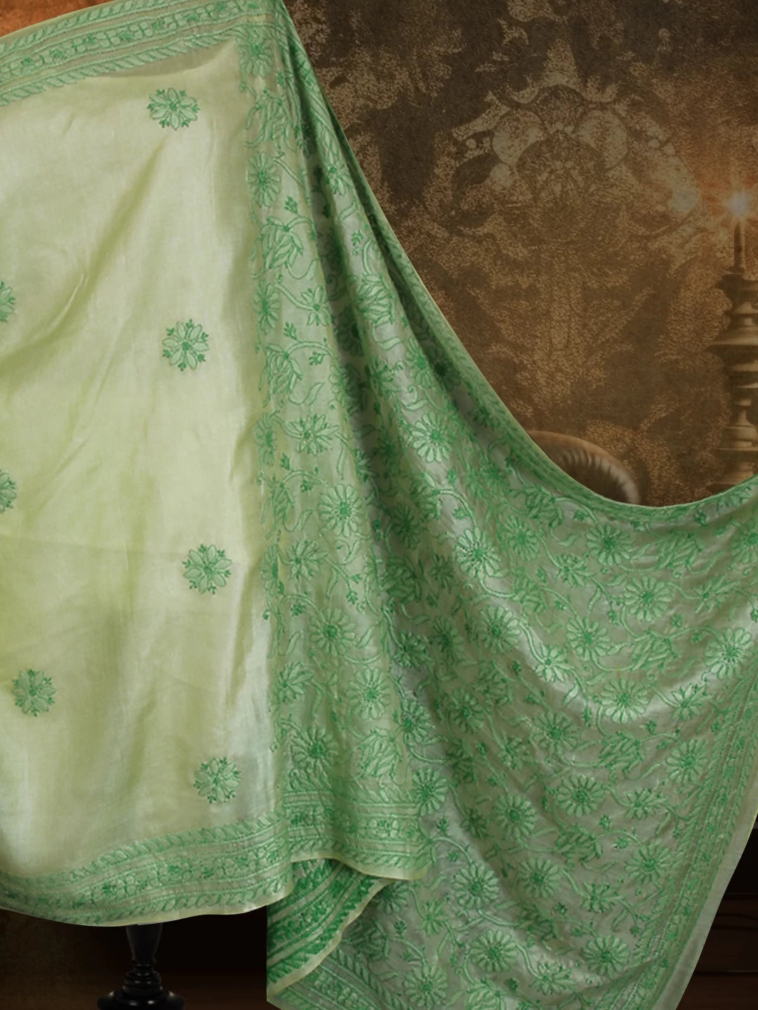 Ada Hand Embroidered Green Silk Lucknowi Chikankari Saree With Blouse 01A355020
