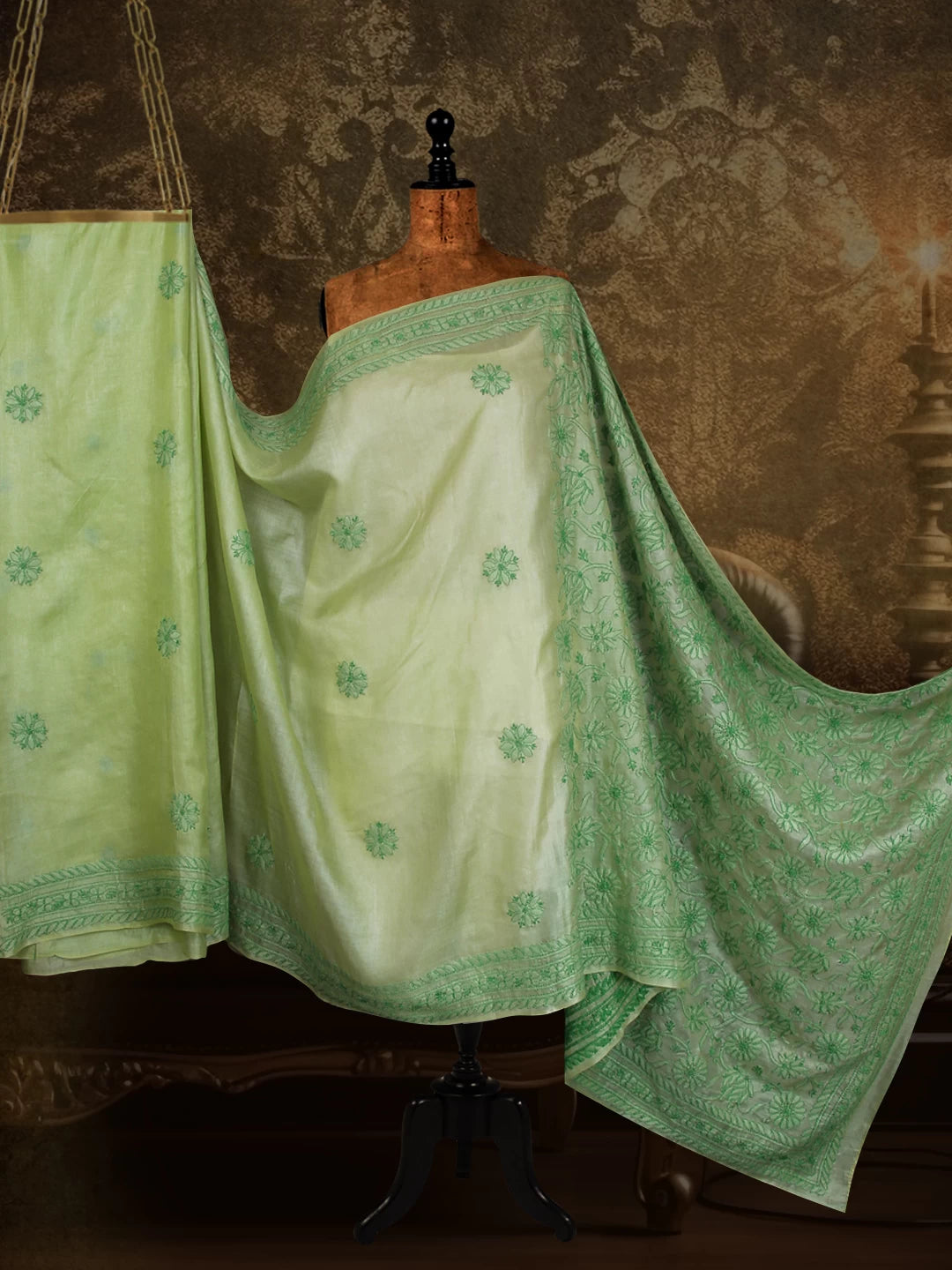 Ada Hand Embroidered Green Silk Lucknowi Chikankari Saree With Blouse 01A355020