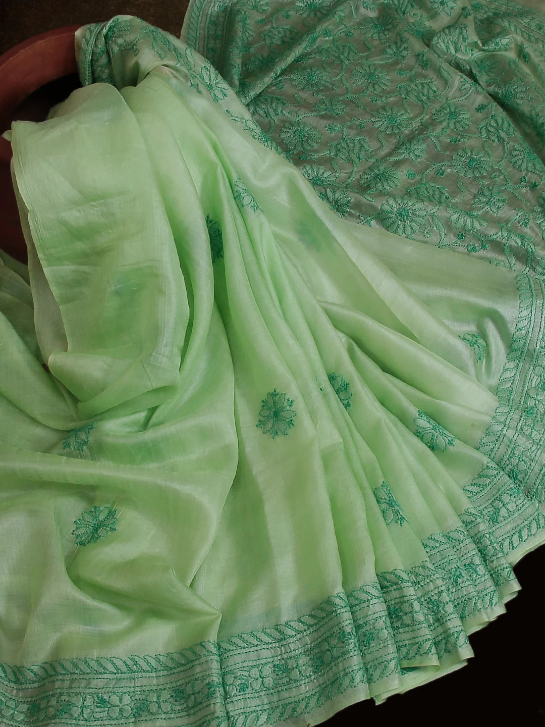 Ada Hand Embroidered Green Silk Lucknowi Chikankari Saree With Blouse 01A355020