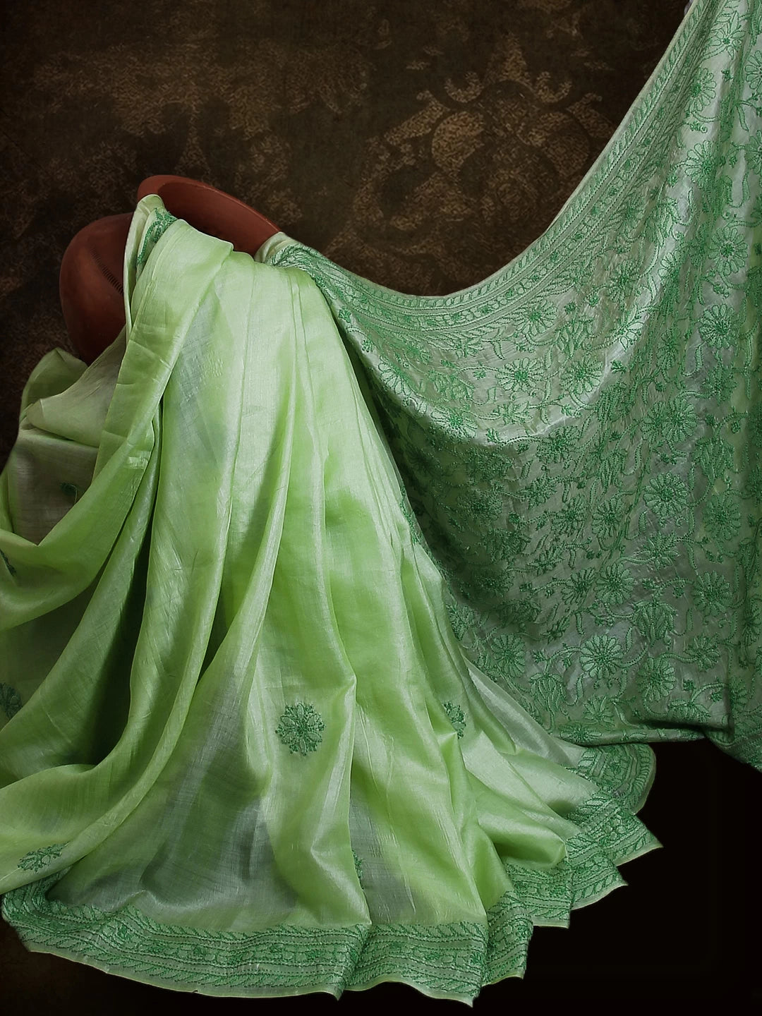 Ada Hand Embroidered Green Silk Lucknowi Chikankari Saree With Blouse 01A355020