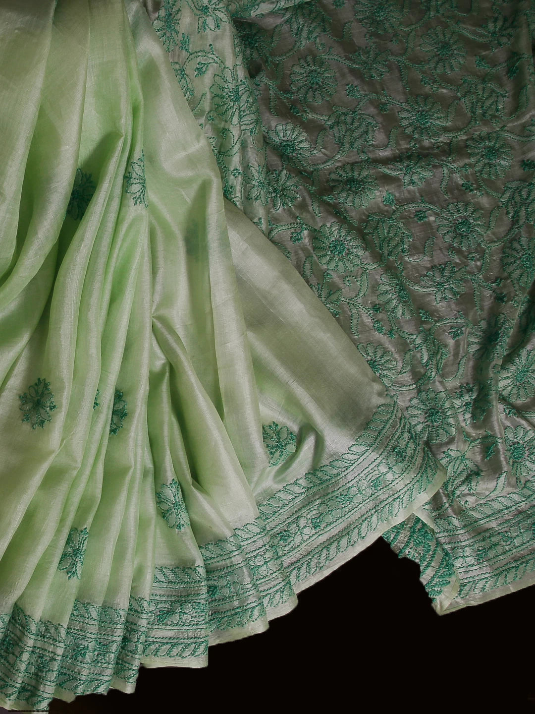 Ada Hand Embroidered Green Silk Lucknowi Chikankari Saree With Blouse 01A355020