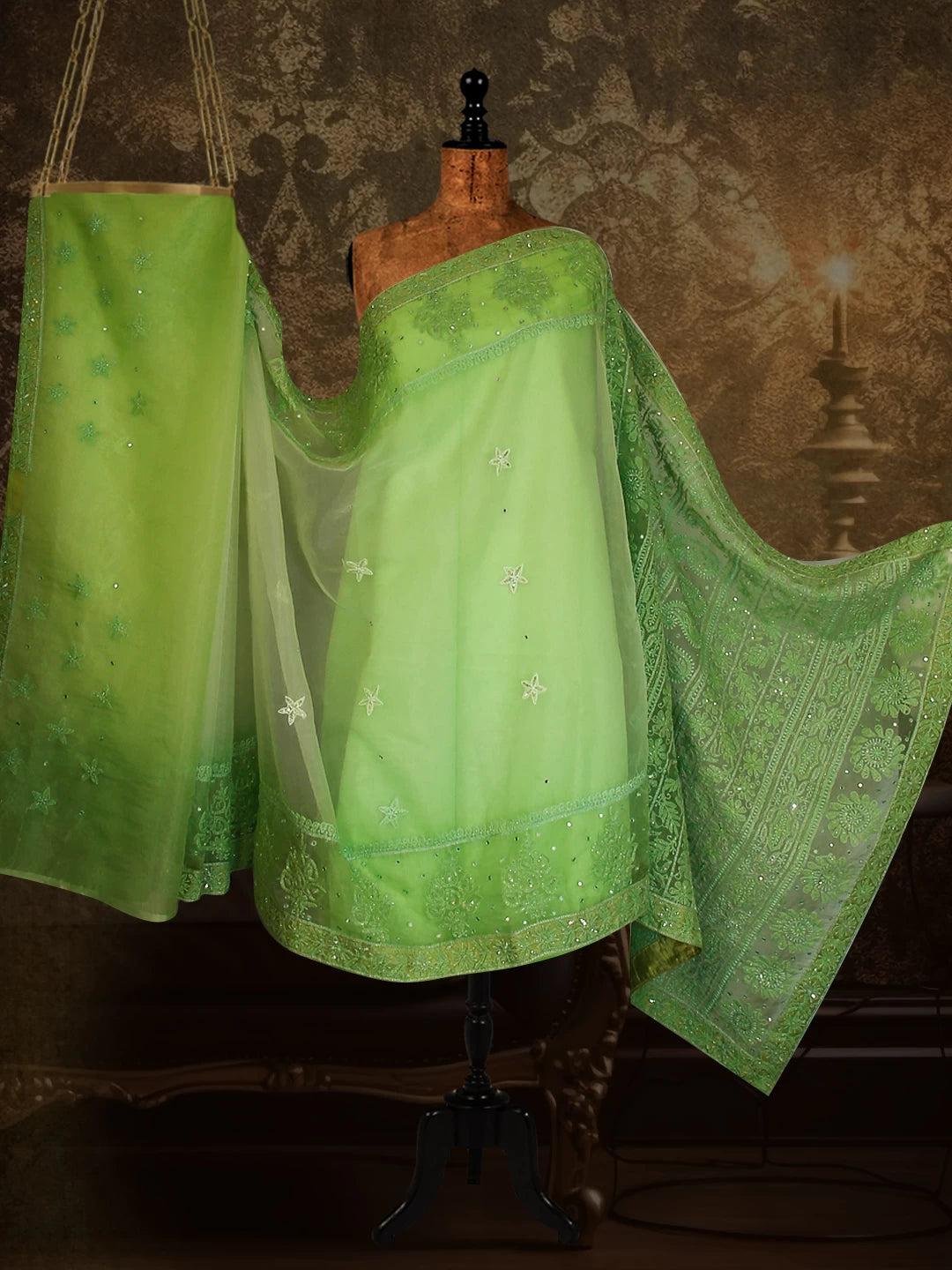 Ada Hand Embroidered Light Green Organza Lucknowi Chikankari Saree With Blouse And Mukaish Work 01A421661