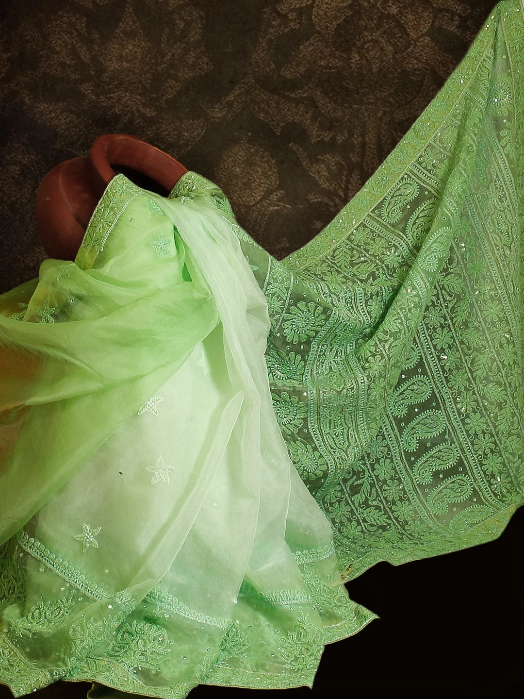 Ada Hand Embroidered Light Green Organza Lucknowi Chikankari Saree With Blouse And Mukaish Work 01A421661