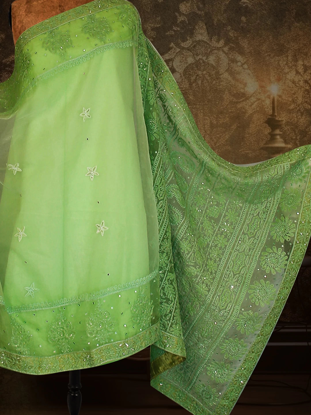 Ada Hand Embroidered Light Green Organza Lucknowi Chikankari Saree With Blouse And Mukaish Work 01A421661