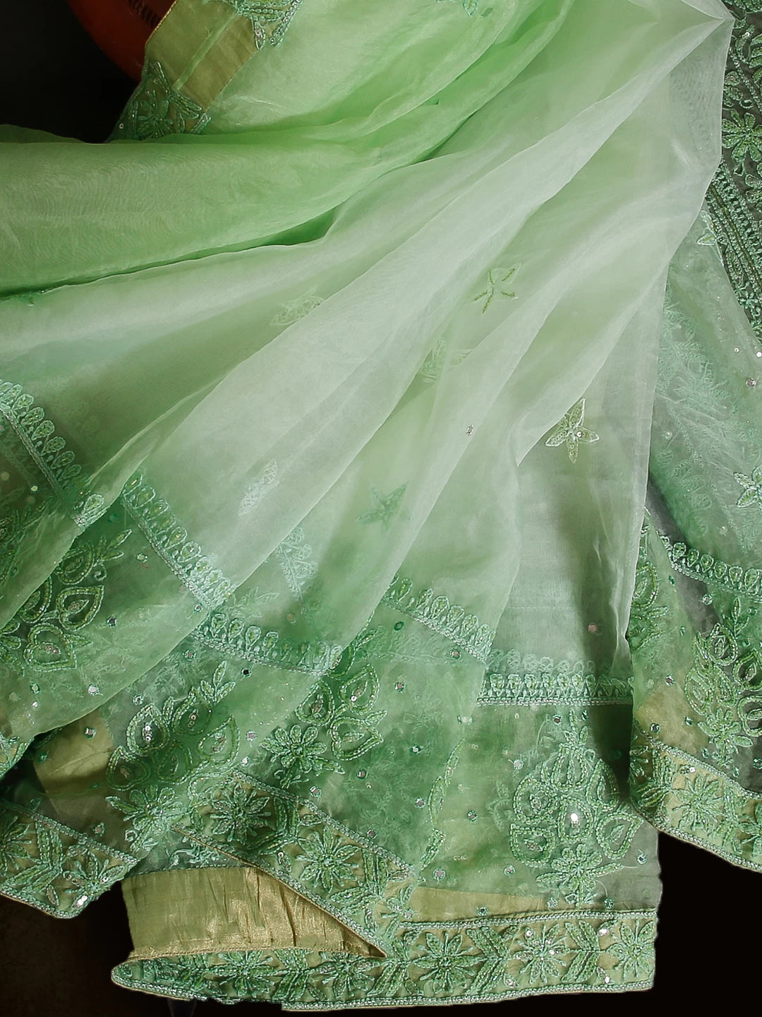 Ada Hand Embroidered Light Green Organza Lucknowi Chikankari Saree With Blouse And Mukaish Work 01A421661