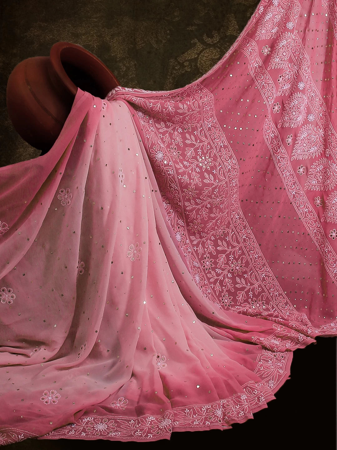 Ada Hand Embroidered Ombre Shade Of Pink Pure Georgette Lucknowi Chikankari Saree With Blouse And Mukaish Work 01A449581