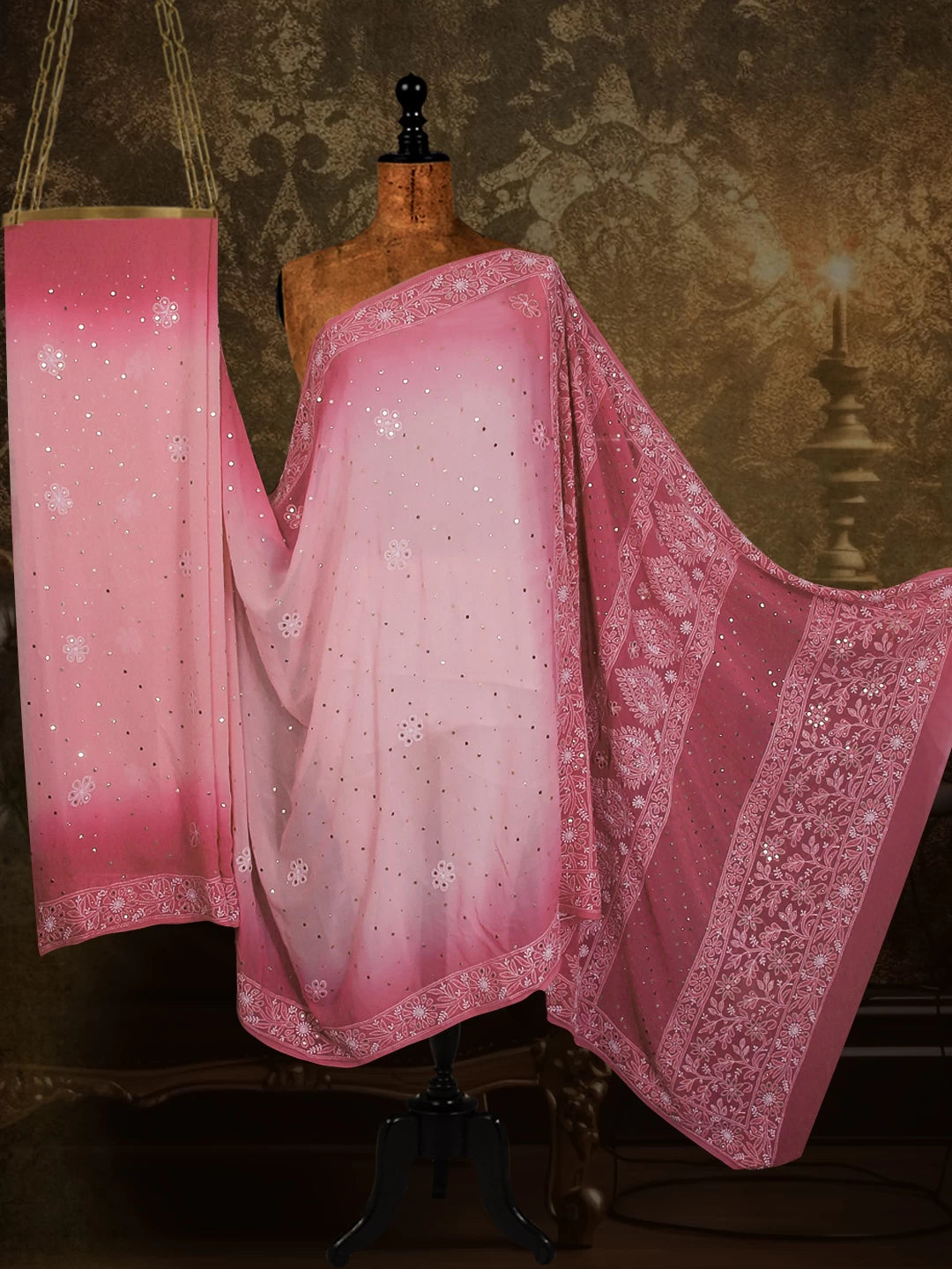 Ada Hand Embroidered Ombre Shade Of Pink Pure Georgette Lucknowi Chikankari Saree With Blouse And Mukaish Work 01A449581