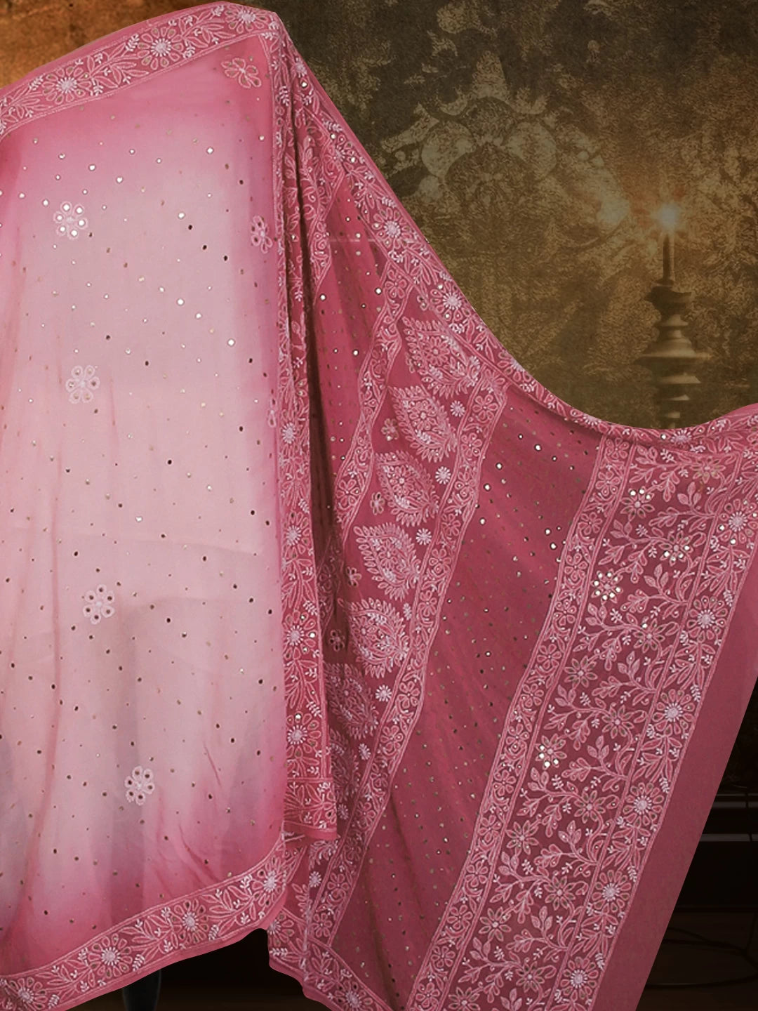 Ada Hand Embroidered Ombre Shade Of Pink Pure Georgette Lucknowi Chikankari Saree With Blouse And Mukaish Work 01A449581
