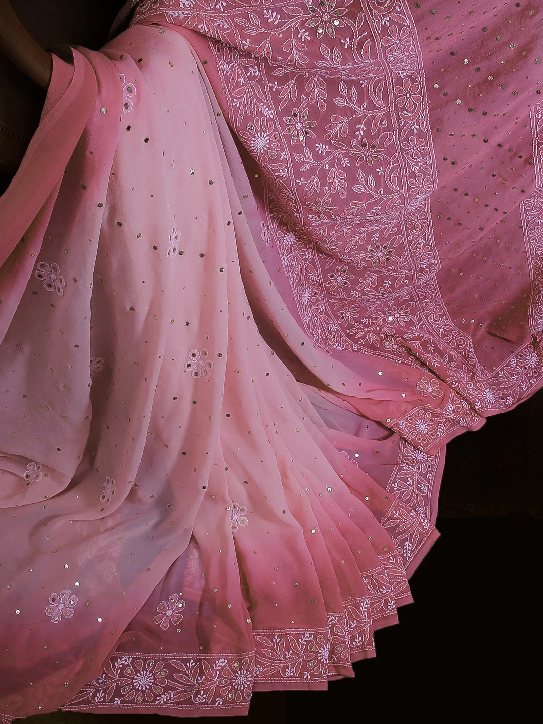 Ada Hand Embroidered Ombre Shade Of Pink Pure Georgette Lucknowi Chikankari Saree With Blouse And Mukaish Work 01A449581