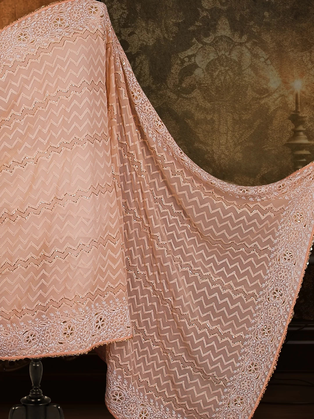 Ada Hand Embroidered Peach Pure Chiffon Lucknowi Chikankari Saree/Blouse With Mukaish Work 01A114237