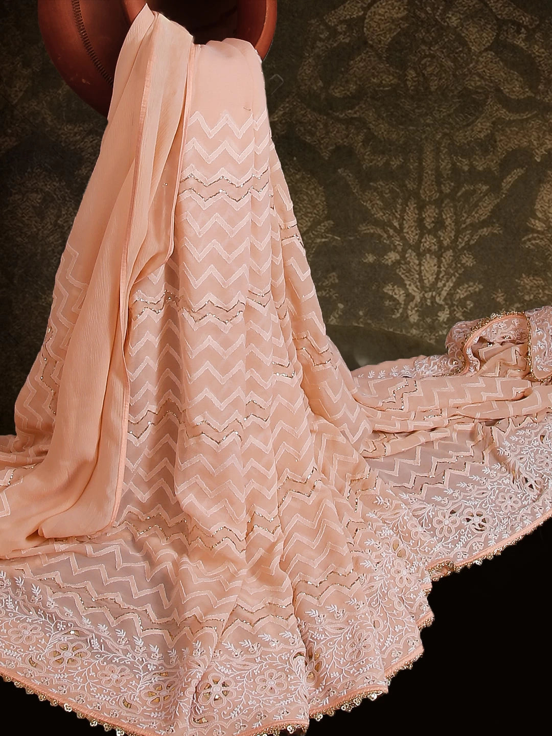 Ada Hand Embroidered Peach Pure Chiffon Lucknowi Chikankari Saree/Blouse With Mukaish Work 01A114237