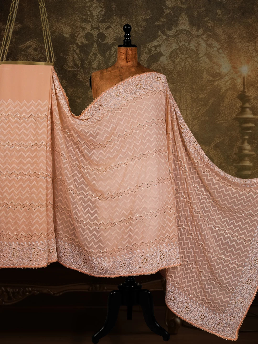 Ada Hand Embroidered Peach Pure Chiffon Lucknowi Chikankari Saree/Blouse With Mukaish Work 01A114237