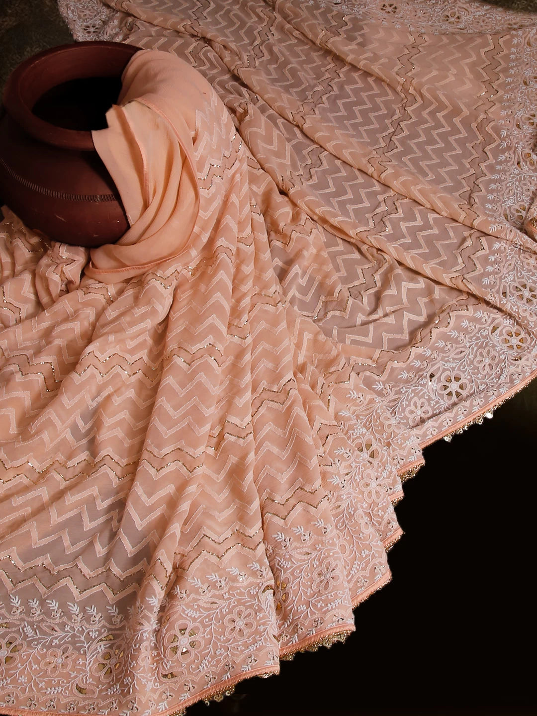 Ada Hand Embroidered Peach Pure Chiffon Lucknowi Chikankari Saree/Blouse With Mukaish Work 01A114237