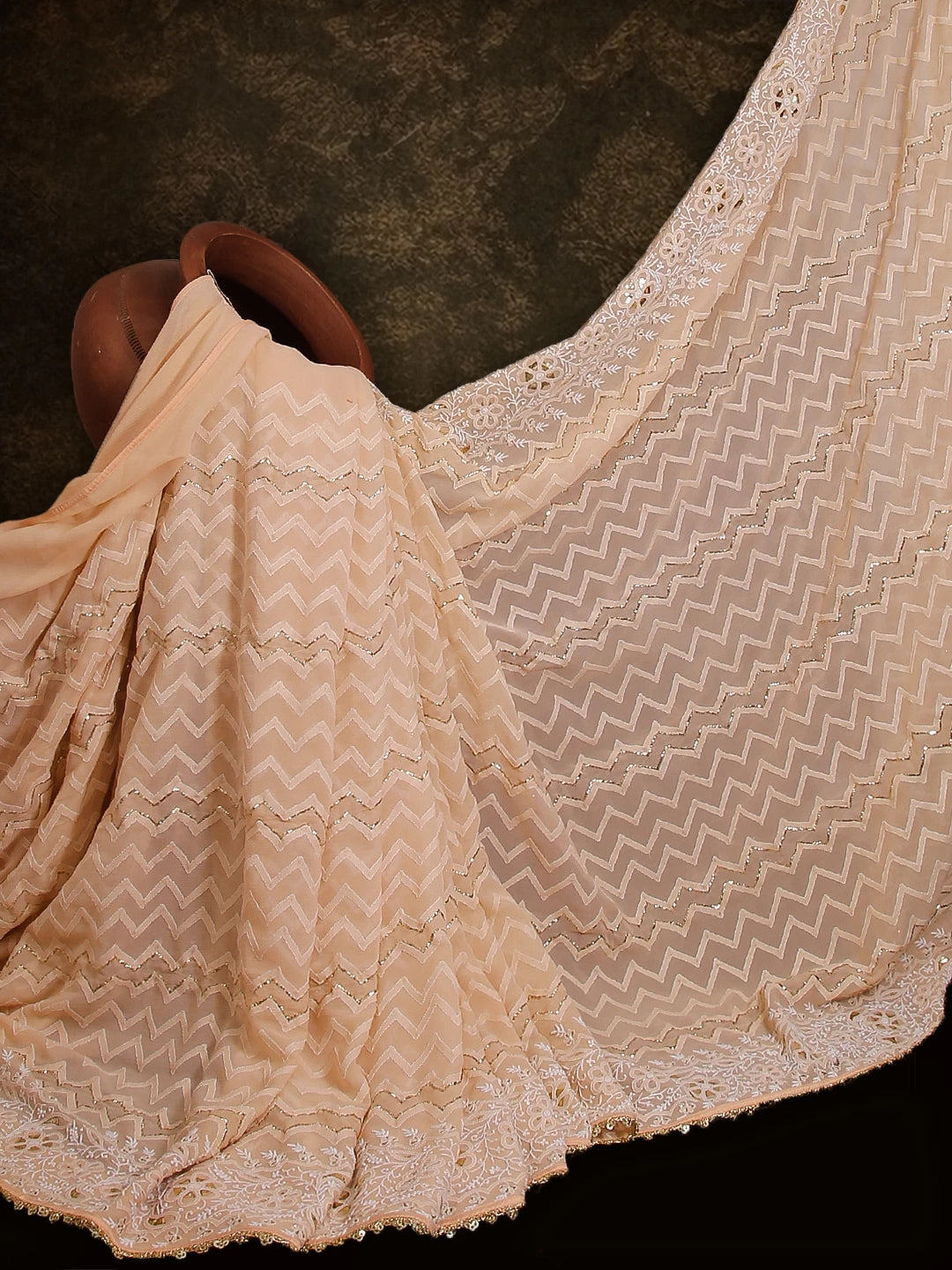 Ada Hand Embroidered Peach Pure Chiffon Lucknowi Chikankari Saree/Blouse With Mukaish Work 01A114237