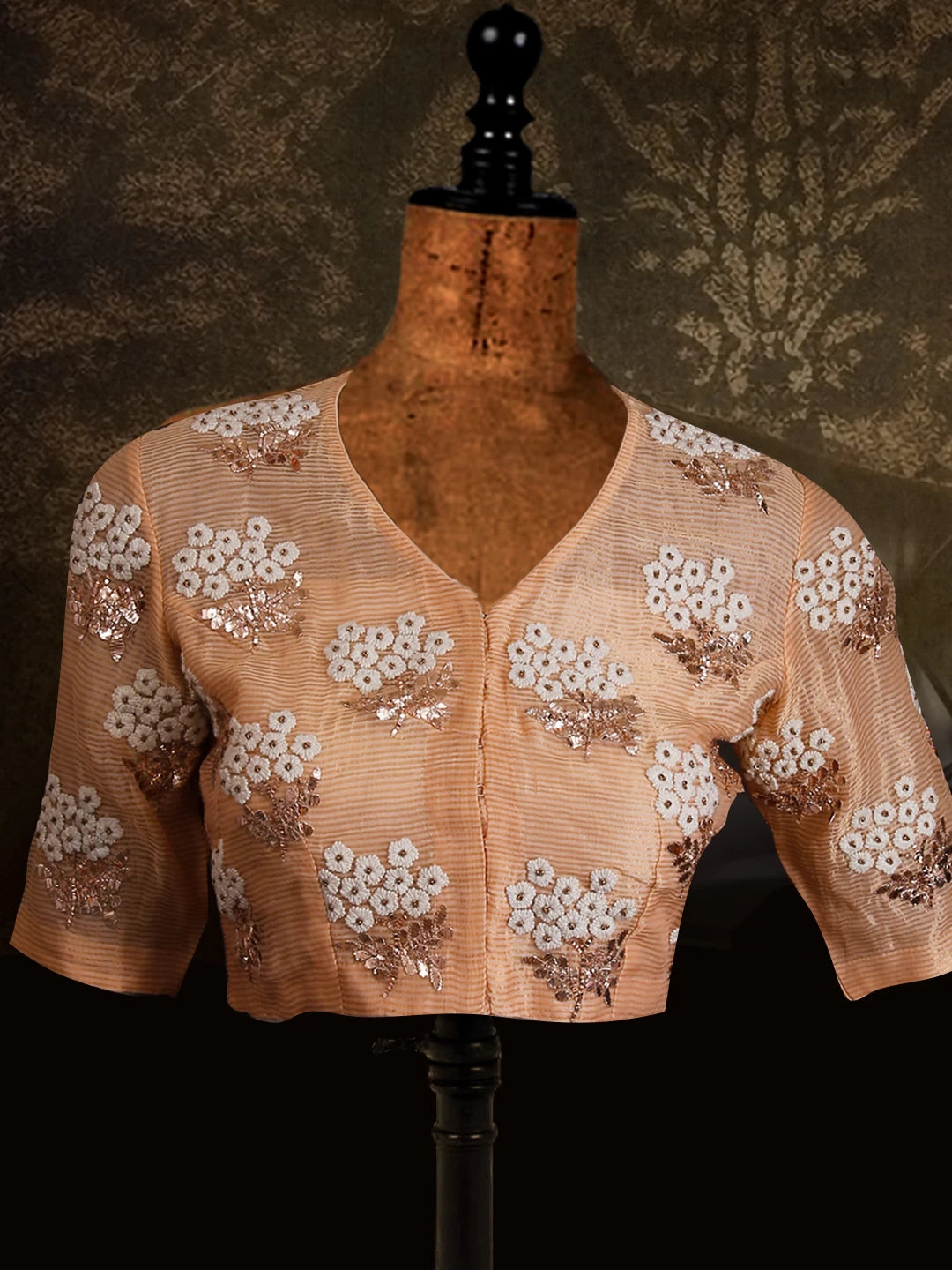 Ada Hand Embroidered Peach Pure Chiffon Lucknowi Chikankari Saree/Blouse With Mukaish Work 01A114237