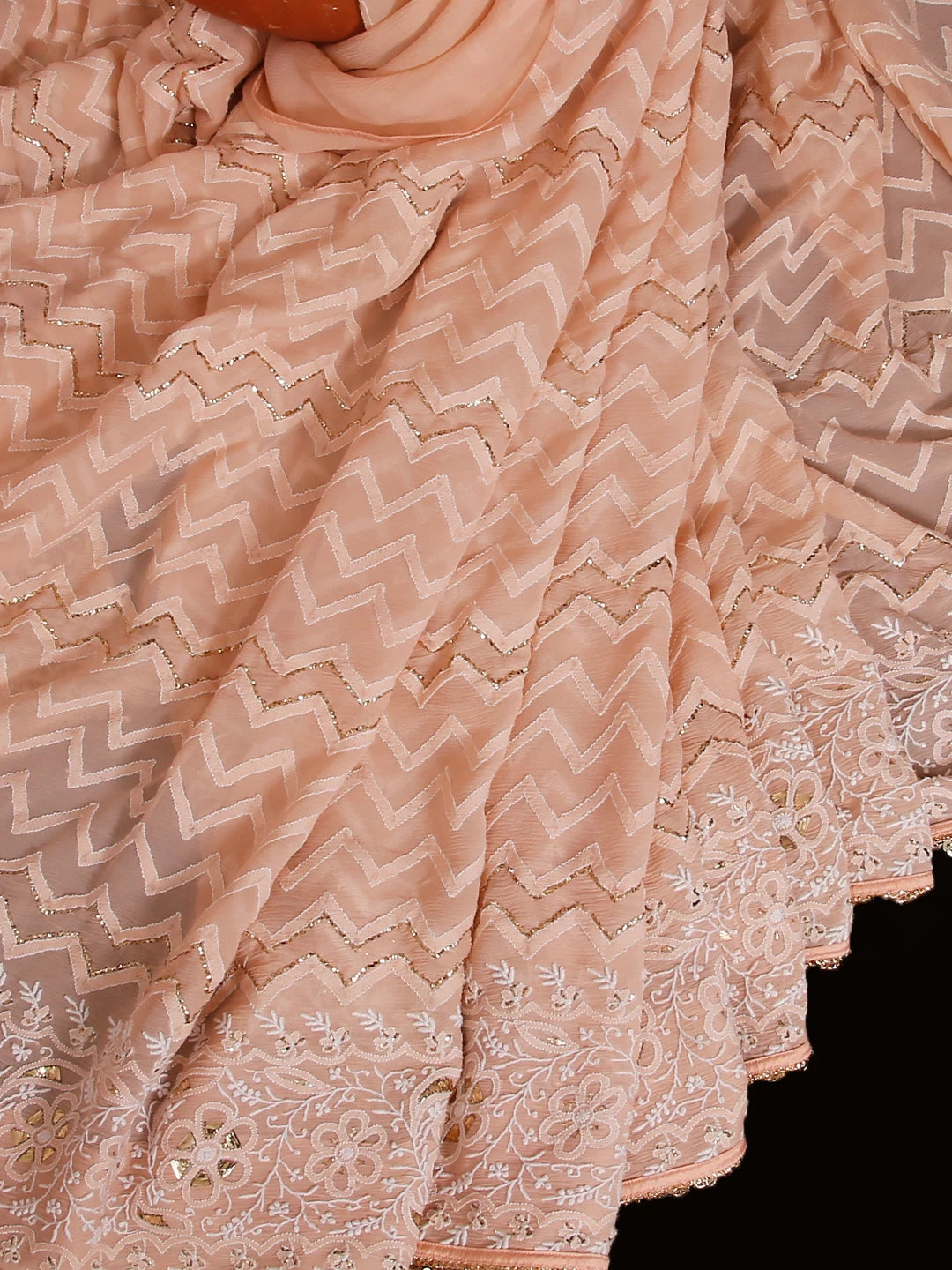 Ada Hand Embroidered Peach Pure Chiffon Lucknowi Chikankari Saree/Blouse With Mukaish Work 01A114237