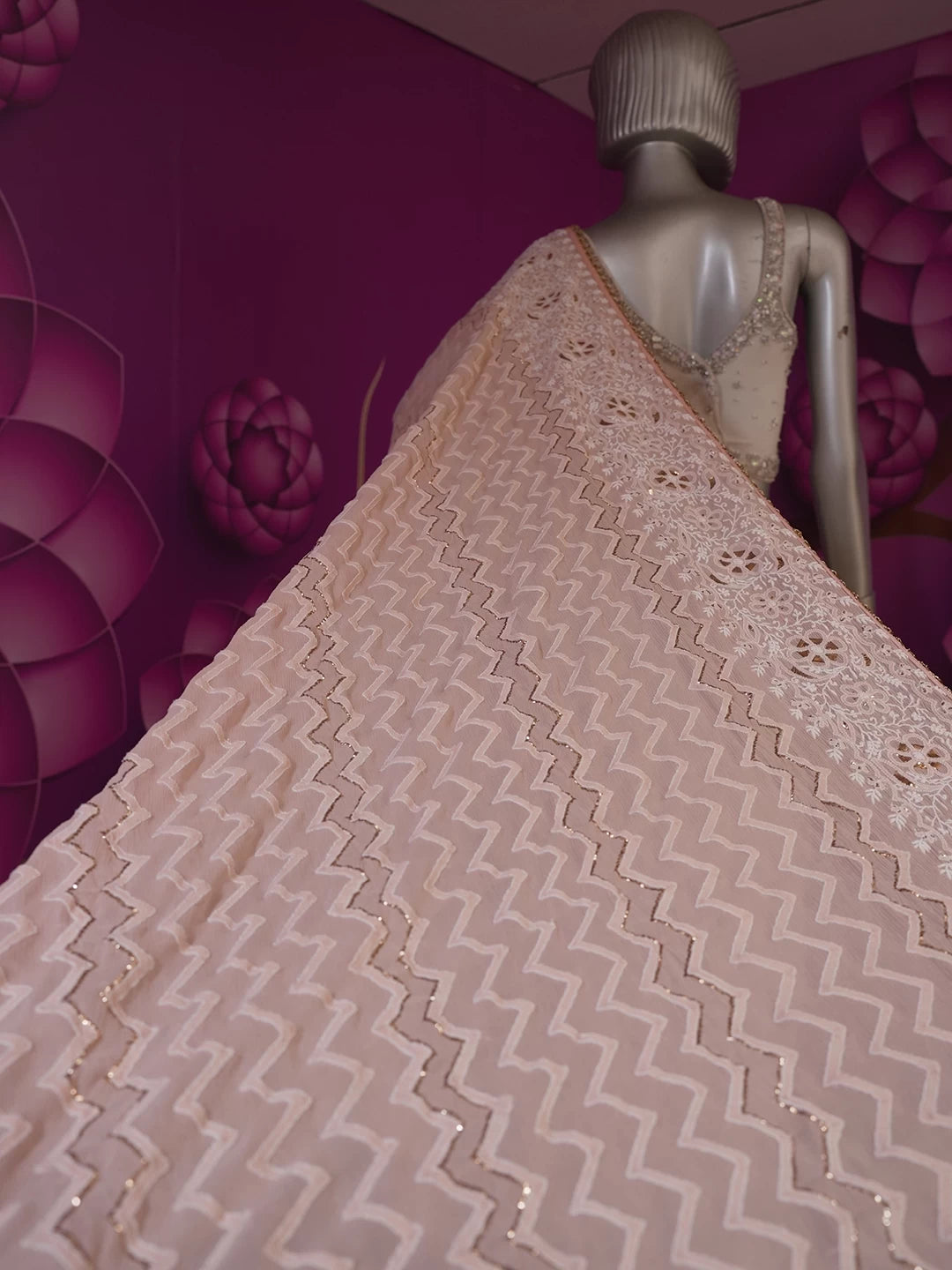 Ada Hand Embroidered Peach Pure Chiffon Lucknowi Chikankari Saree/Blouse With Mukaish Work 01A114237