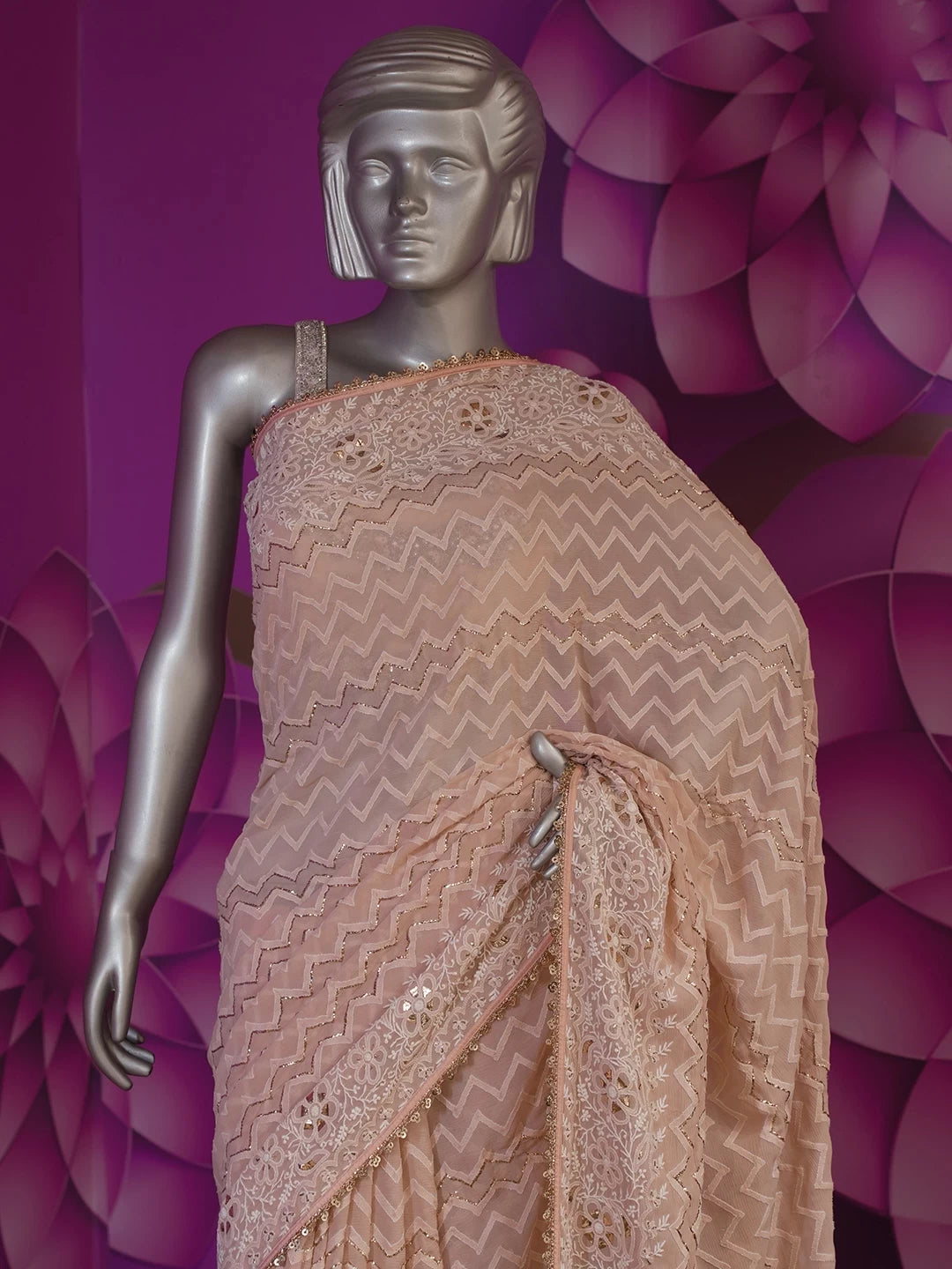 Ada Hand Embroidered Peach Pure Chiffon Lucknowi Chikankari Saree/Blouse With Mukaish Work 01A114237