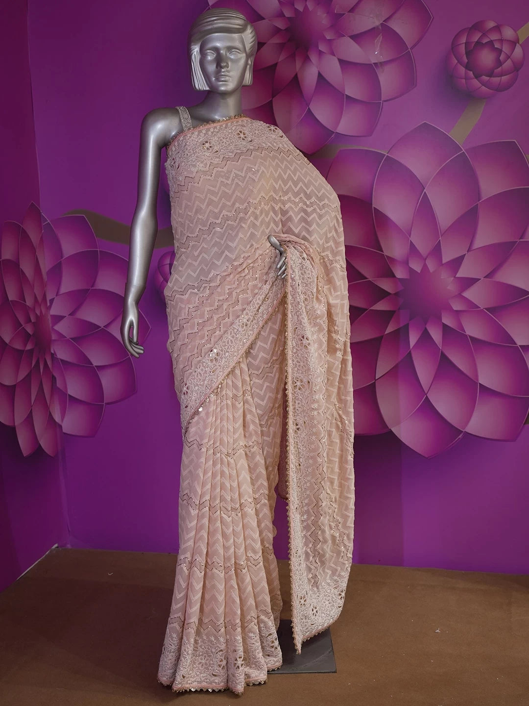 Ada Hand Embroidered Peach Pure Chiffon Lucknowi Chikankari Saree/Blouse With Mukaish Work 01A114237