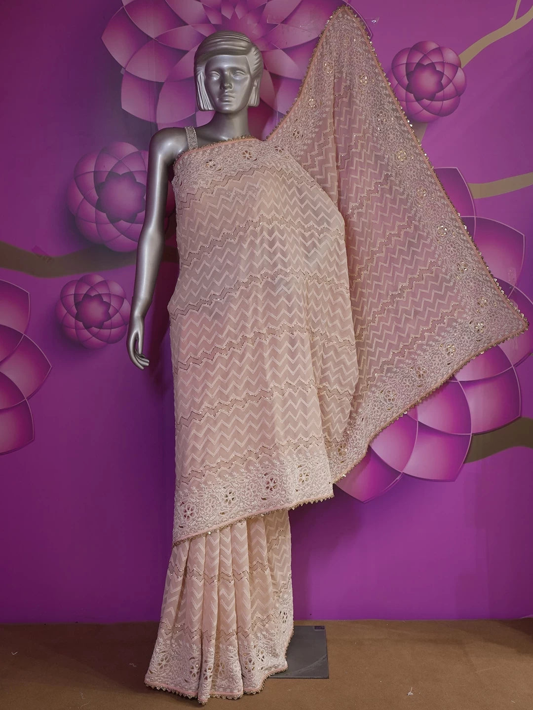 Ada Hand Embroidered Peach Pure Chiffon Lucknowi Chikankari Saree/Blouse With Mukaish Work 01A114237
