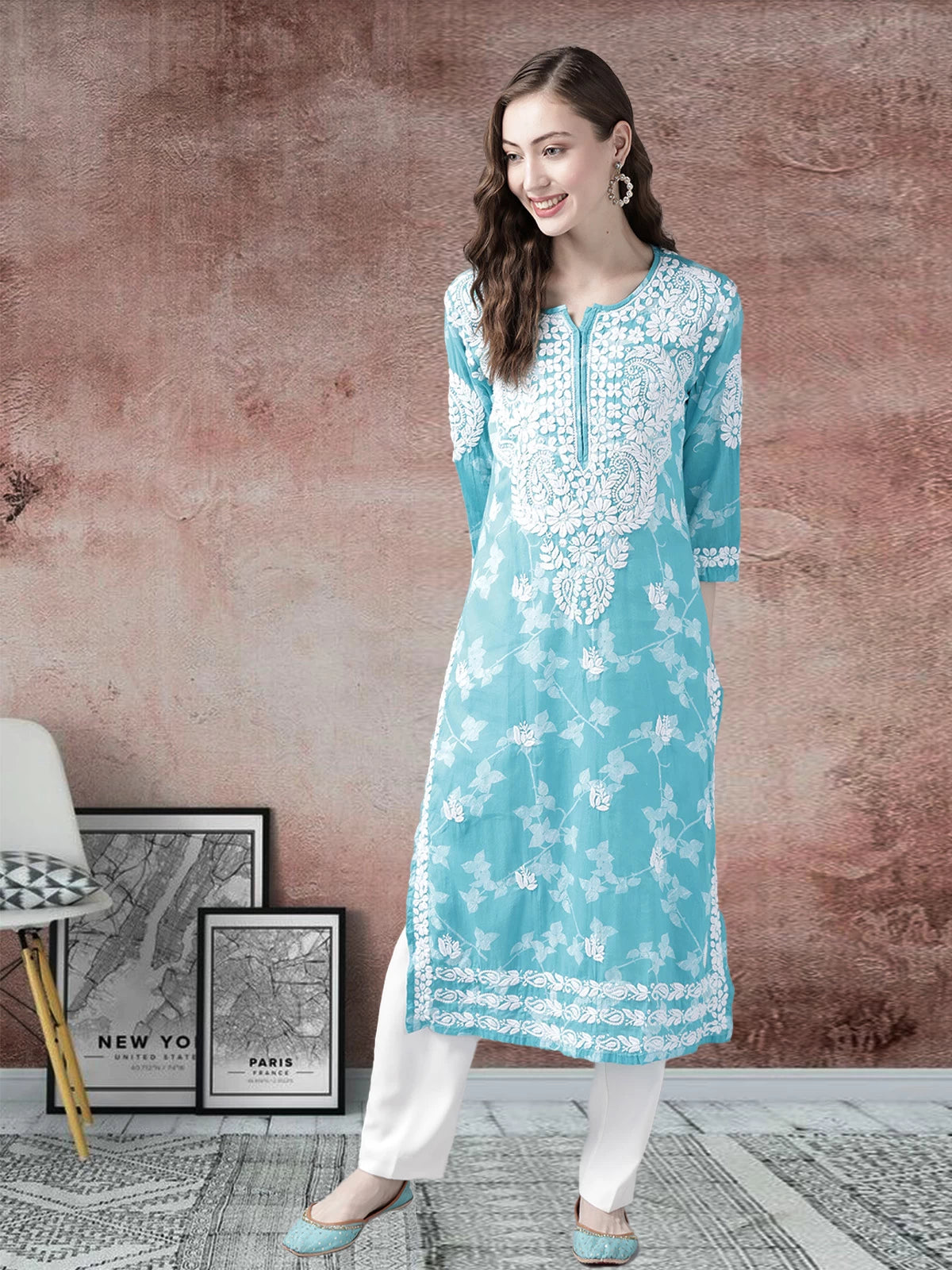 Ada Hand Embroidered Firozi Blue Cotton Lucknowi Chikan Kurta A411264