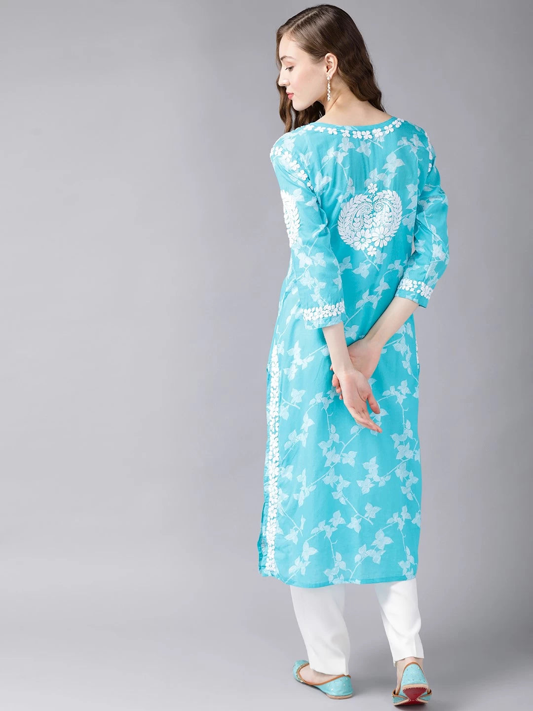 Ada Hand Embroidered Firozi Blue Cotton Lucknowi Chikan Kurta A411264