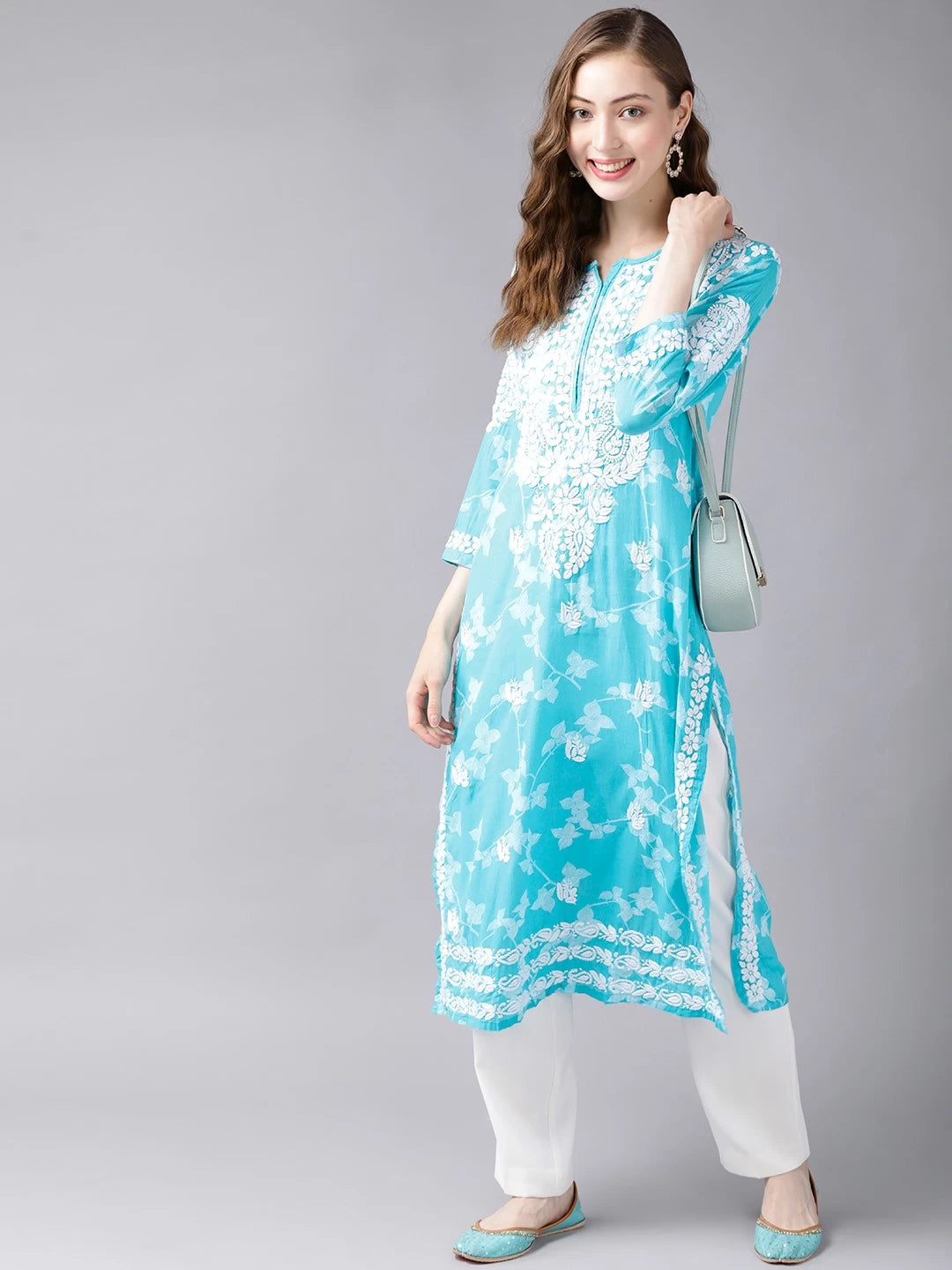 Ada Hand Embroidered Firozi Blue Cotton Lucknowi Chikan Kurta A411264
