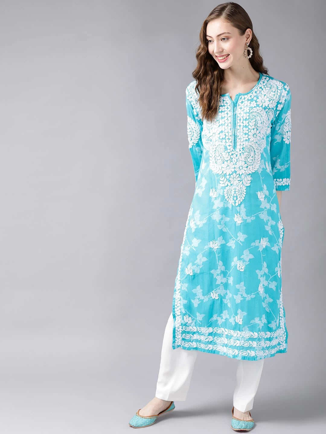 Ada Hand Embroidered Firozi Blue Cotton Lucknowi Chikan Kurta A411264