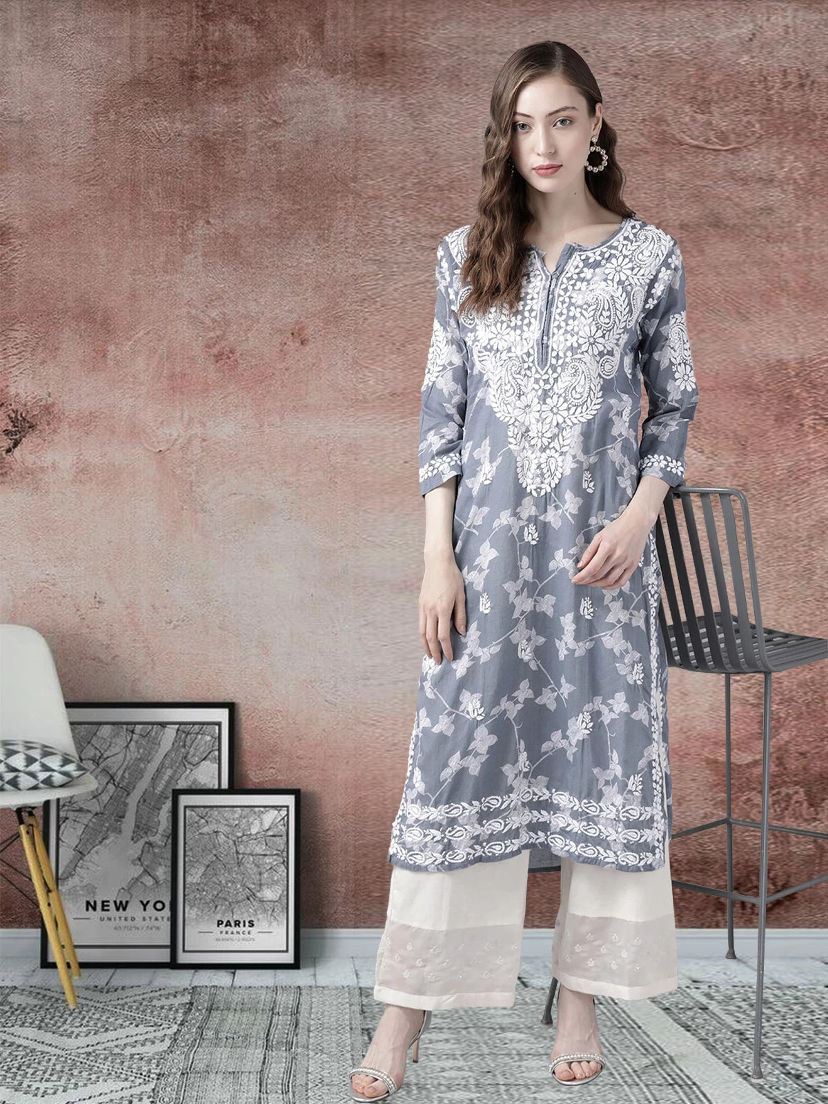 Ada Hand Embroidered Grey Cotton Lucknowi Chikan Kurta A411266