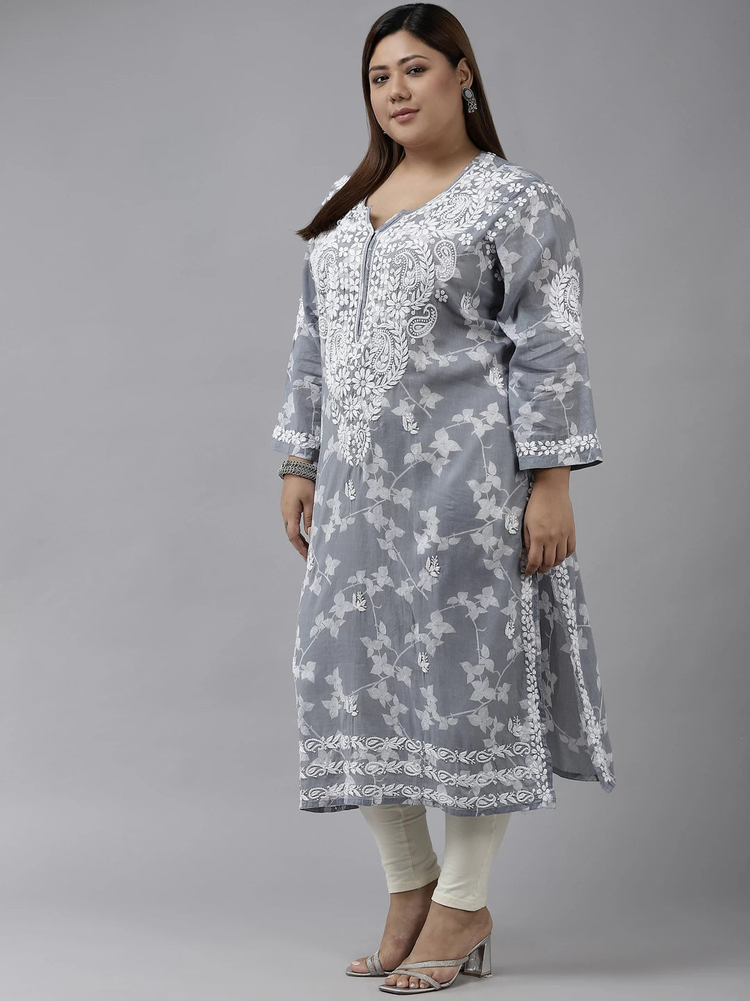 Ada Hand Embroidered Grey Cotton Lucknowi Chikan Kurta A411266