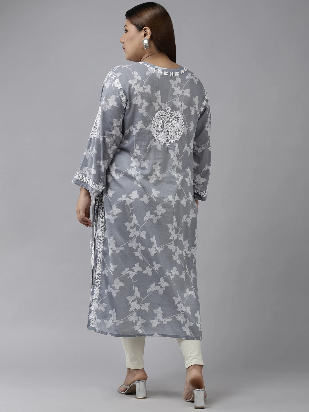 Ada Hand Embroidered Grey Cotton Lucknowi Chikan Kurta A411266