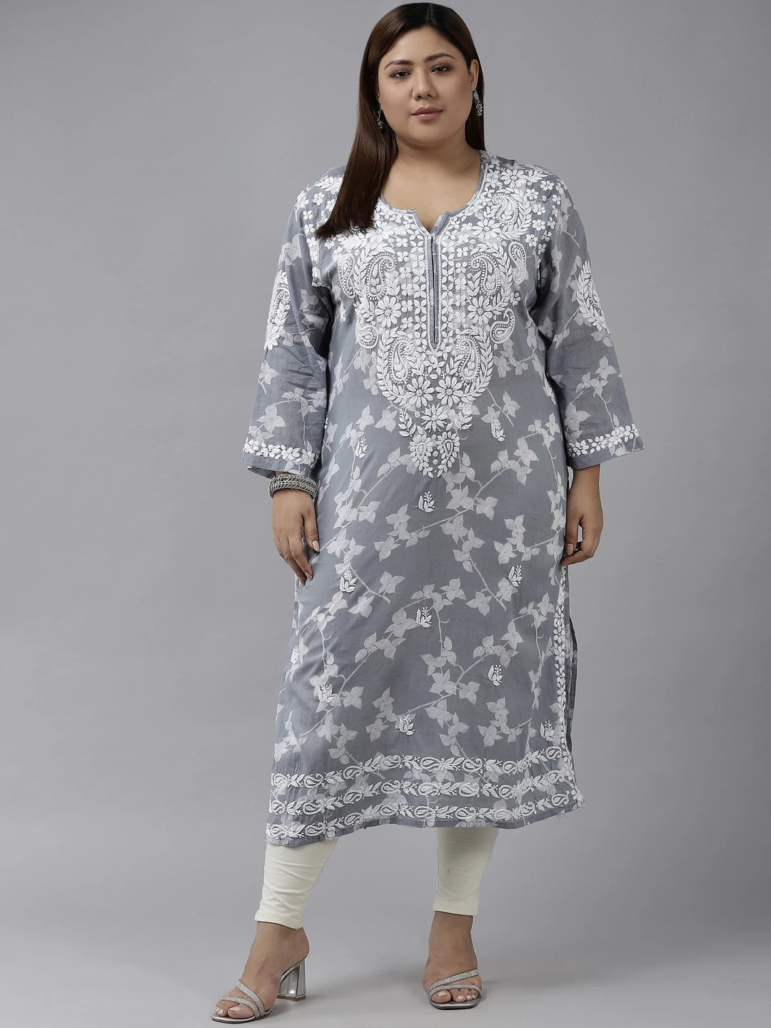 Ada Hand Embroidered Grey Cotton Lucknowi Chikan Kurta A411266