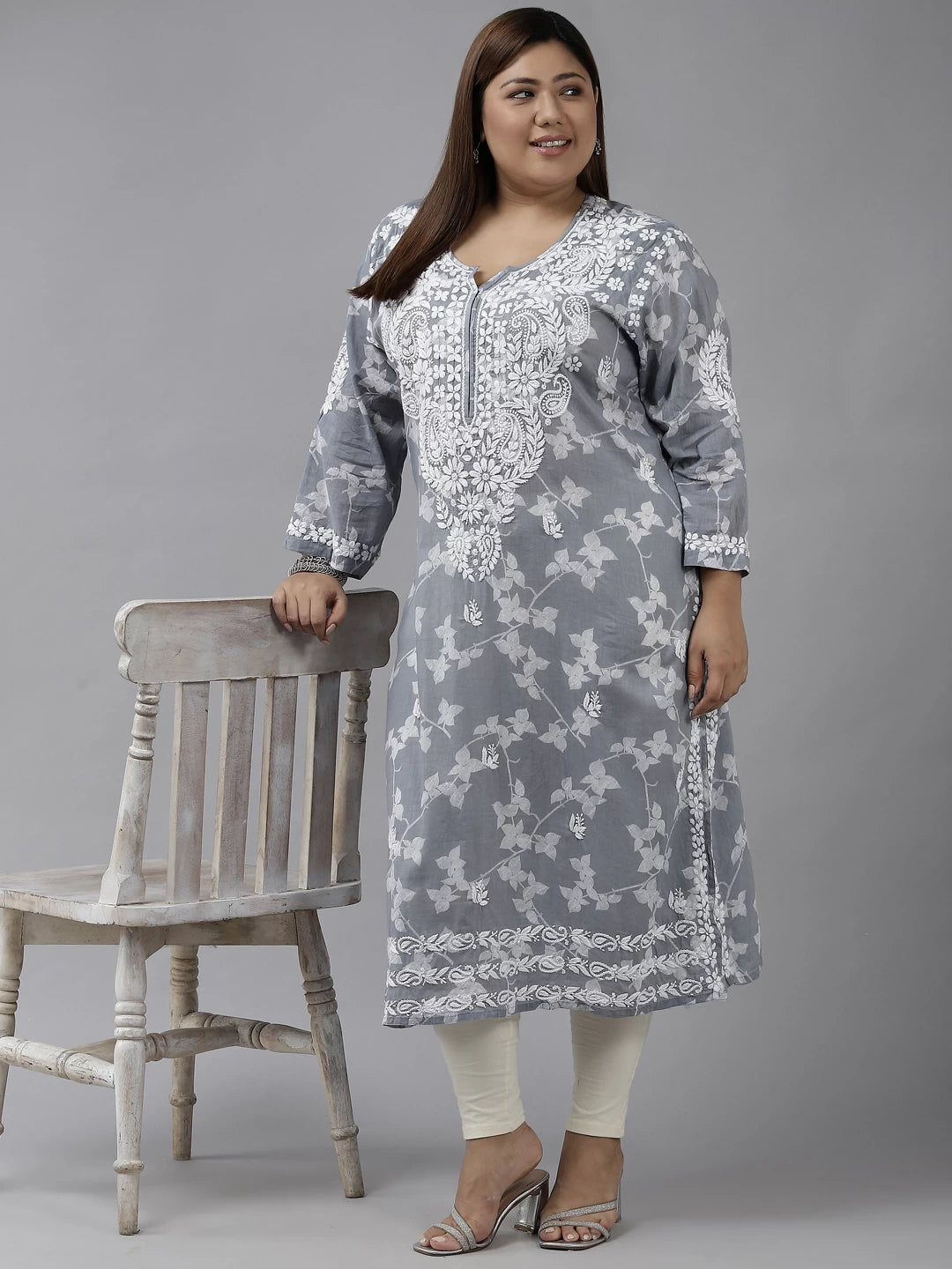 Ada Hand Embroidered Grey Cotton Lucknowi Chikan Kurta A411266
