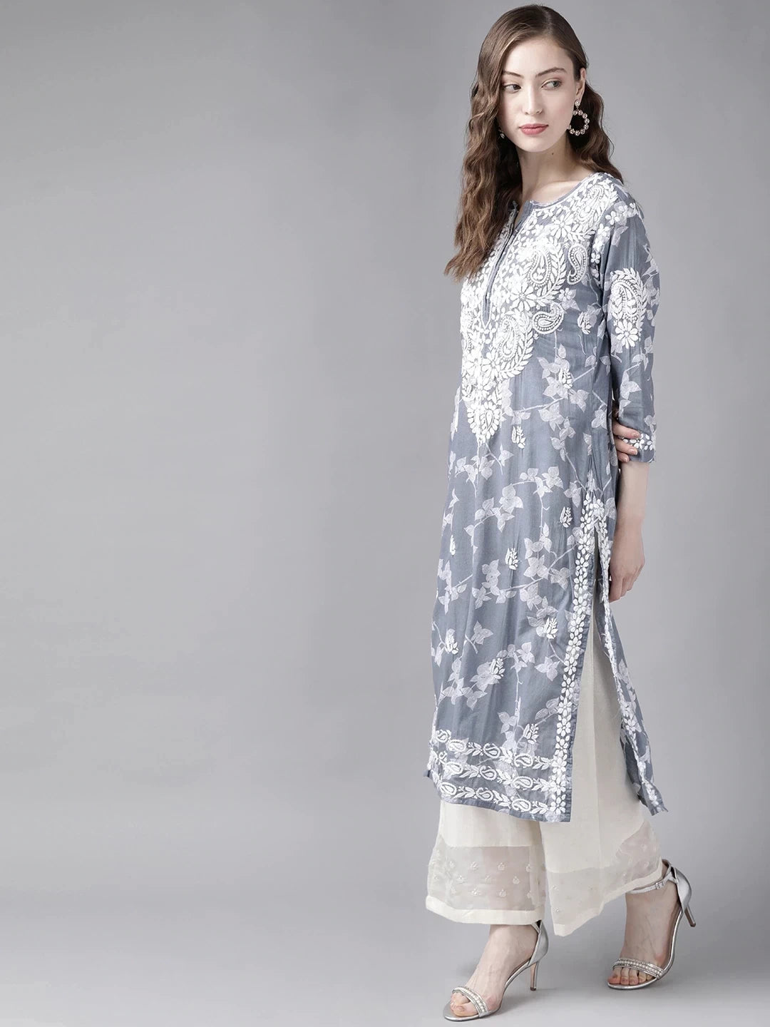 Ada Hand Embroidered Grey Cotton Lucknowi Chikan Kurta A411266