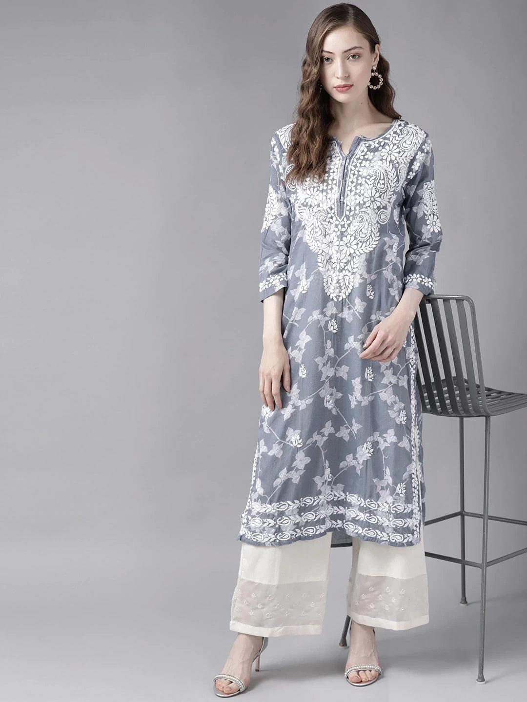 Ada Hand Embroidered Grey Cotton Lucknowi Chikan Kurta A411266